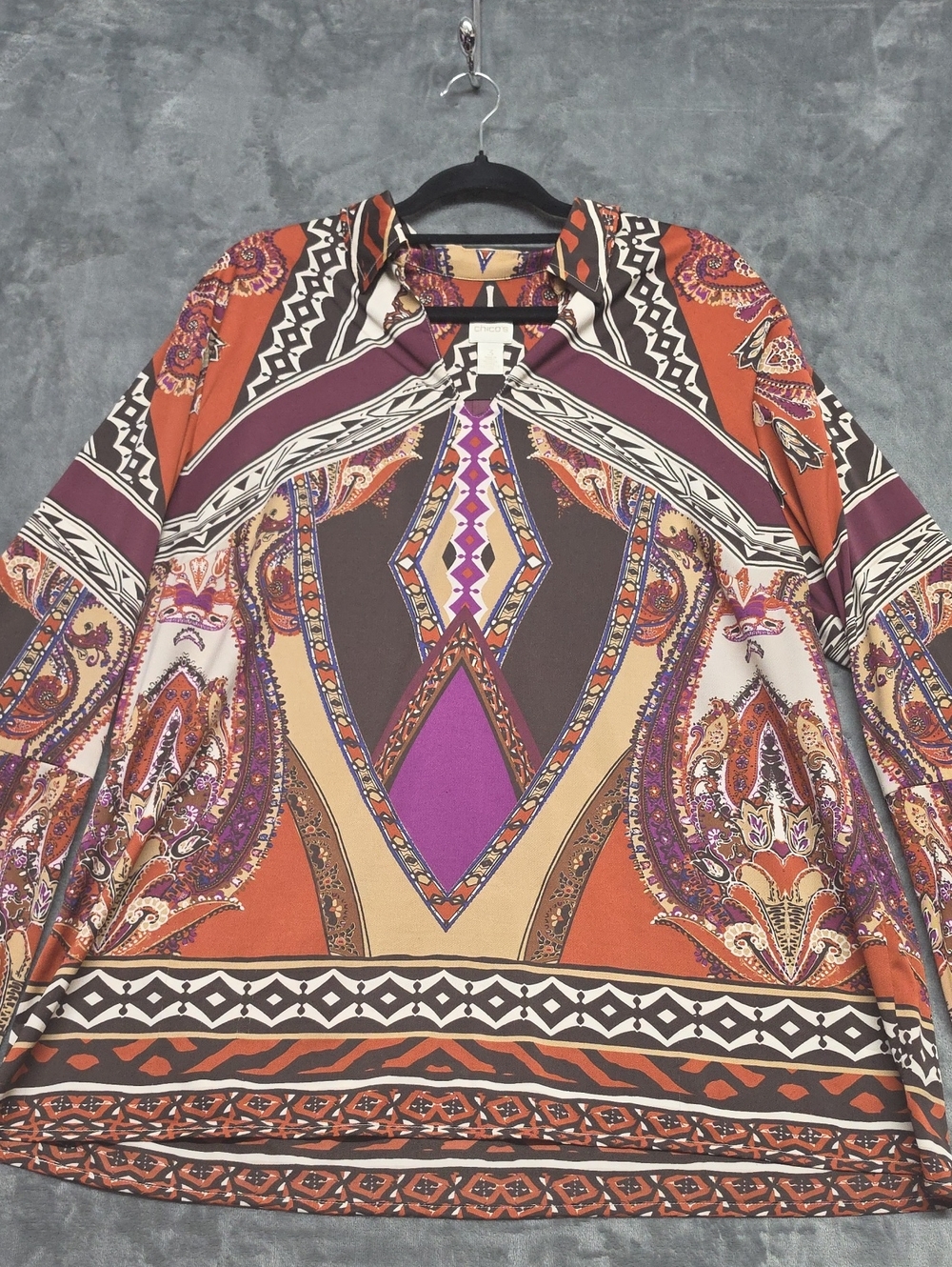 Chico's Orange, Purple & Brown Paisley Print Button-Up Blouse
